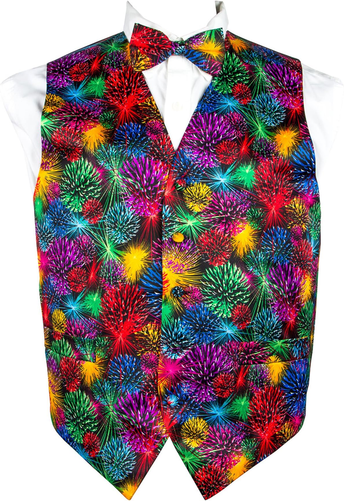 Mardi Gras Suit Vest Set - Colorful Bow Tie & Vests - Mens Tuxedo Set for Formal Occasion (Fireworks)