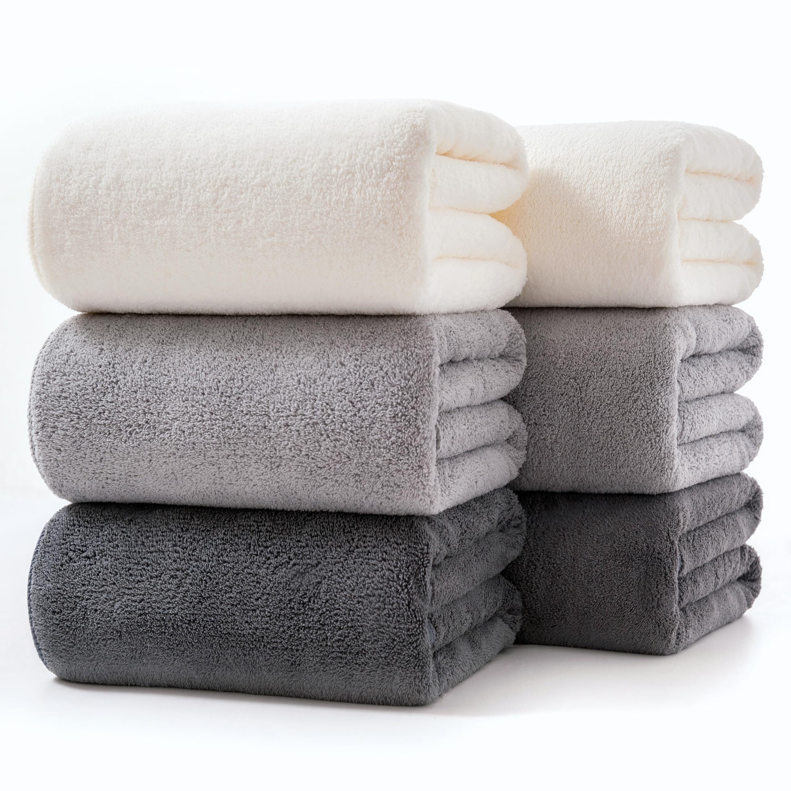 Lumimi Towels 6 Piece Multicolour Soft Microfiber Bath Towel Set Incredibly Absorbent Lightweight Quick Dry and Durable, 55" L x 27" W, 6 Pack White Dark Light Grey