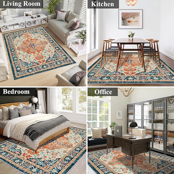 U’ARTLINES BOHO VINTAGE AREA RUG 5X7 MACHINE WASHABLE LOW PILE SOFT FLOOR CARPET NON SLIP NON SHEDDING ACCENT RUG FOR LIVING ROOM BEDROOM ENTRYWAY DINING ROOM OFFICE ORANGE/MULTI
