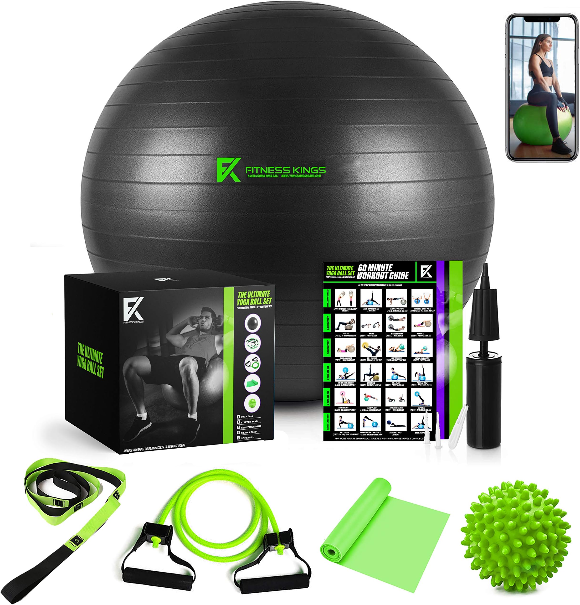 The Ultimate Yoga Ball Set - 5 in 1 65cm Anti Burst Fitness Ball Set, Resistance Band, Pilates Band, Stretch Yoga Strap, and Spiky Massage Ball with Fitness Guide and Videos Swiss Ball Exercise Ball