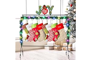 ANVAVO Christmas Stockings Holder Stand Joy Christmas Stocking Stand Metal Hangers with 8 Hooks LED Tinsel Garland String Lights Freestanding Hanger Rack for Xmas Indoor Floor Fireplace Decor