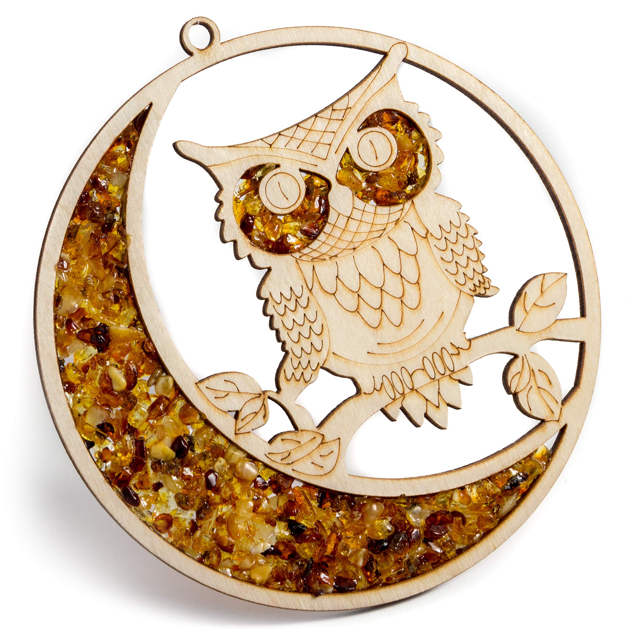 Hand Made Baltic Amber Mandala Art Decoration, Stained Glass Souvenir, Gemstone Vitrage of Life (OWL at Night)