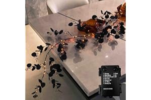 LITBLOOM Halloween Garland with Lights 6FT Battery Operated with Timer, Lighted Black Eucalyptus Garland with 96 Orange and Warm White Lights 10 Functions for Fireplace Table Fall Halloween Decoration