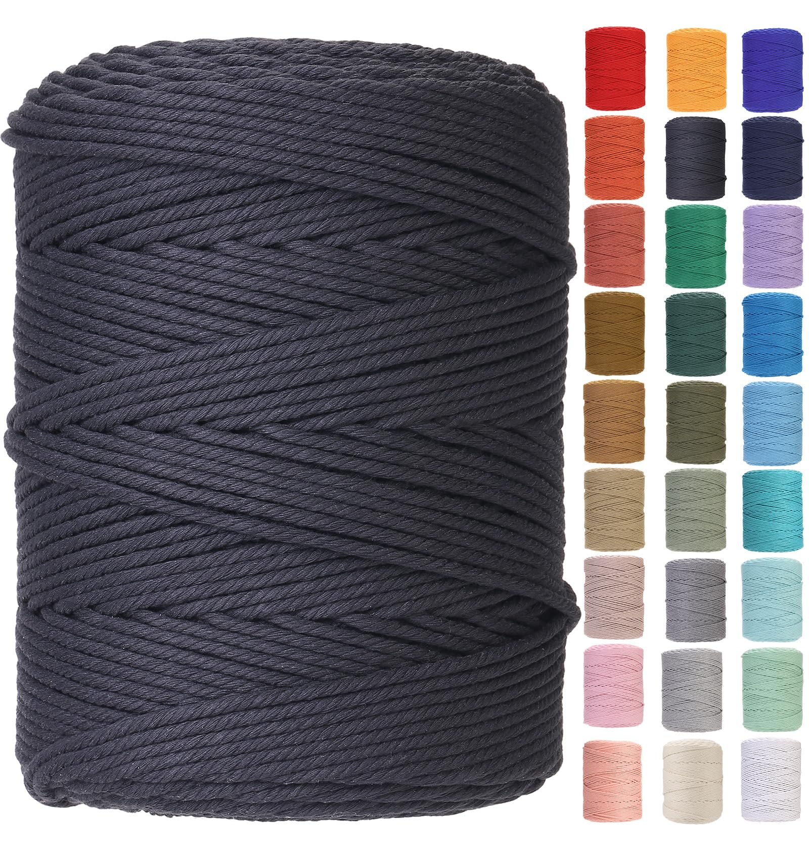 GOHOF Macrame Cord 4mm x 310m Premium Cotton Macrame Rope, 4 Strand Twisted Soft Cotton Cord, One of The Most Perfect Materials for Macrame Art, Cotton String Without Chemicals (Black)