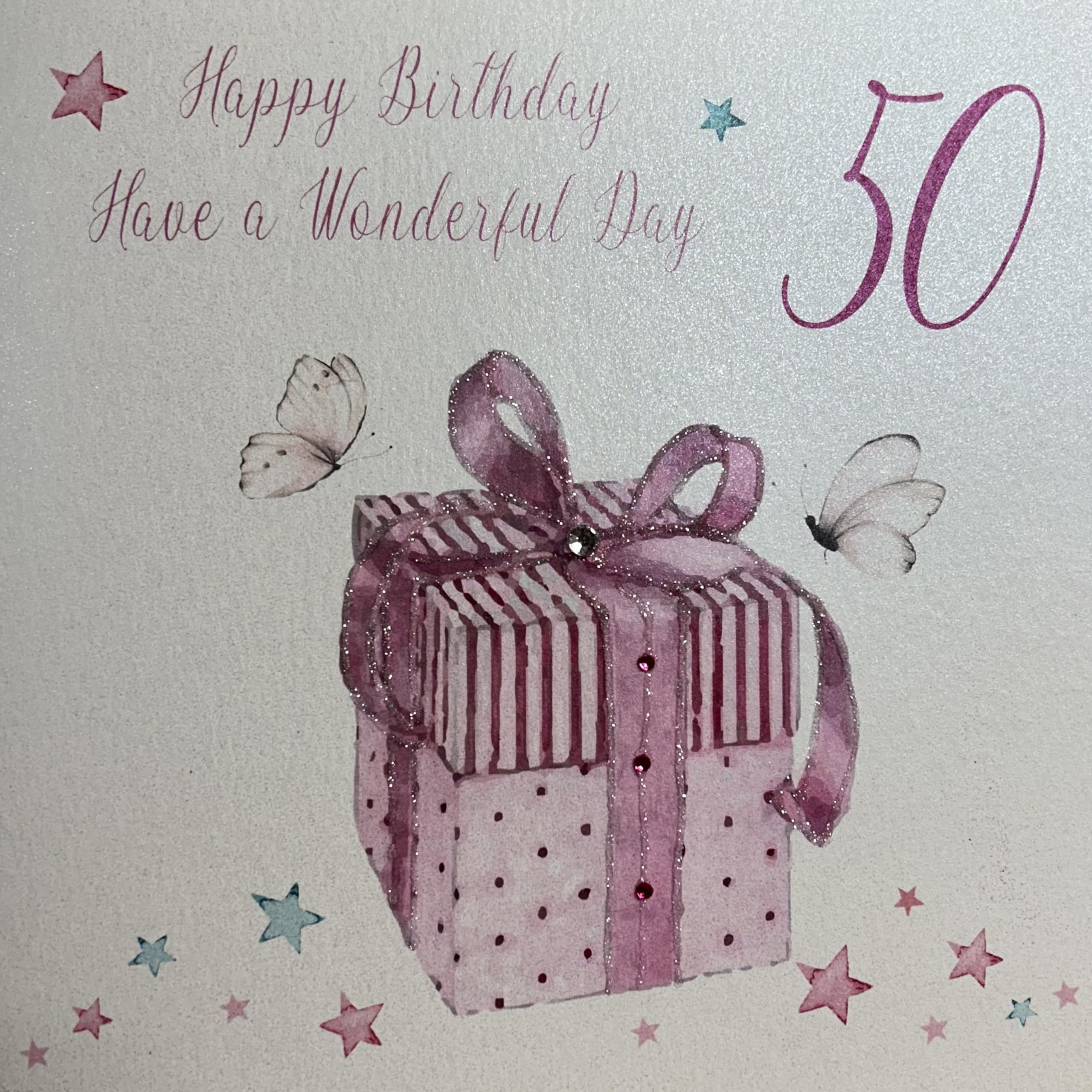 White Cotton Cards Large Happy Wonderfu Day, Pink Present Handmade 50th Birthday Card, XPB50