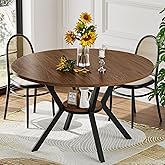 Round Dining Table for 4, 42" Farmhouse Wooden Kitchen Table with Storage Shelf, Space Saving Circle Dinner Table, Rustic Kit