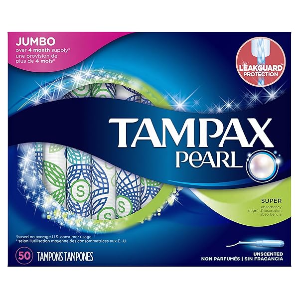 TAMPAX PEARL PLASTIC TAMPONS, SUPER ABSORBENCY, UNSCENTED, 50 COUNT (PACKAGING MAY VARY)