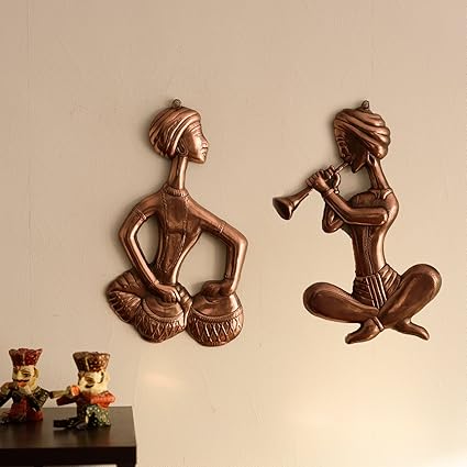 eCraftIndia Musicians Metal Wall Hanging (40 cm x 3 cm x 40, Brown, Set of 2)