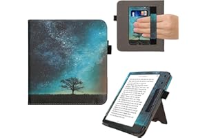 kwmobile Case Compatible with Kobo Libra Colour - Case PU Leather Cover with Magnet Closure, Stand, Strap, Card Slot - Cosmic Nature Blue/Grey/Black