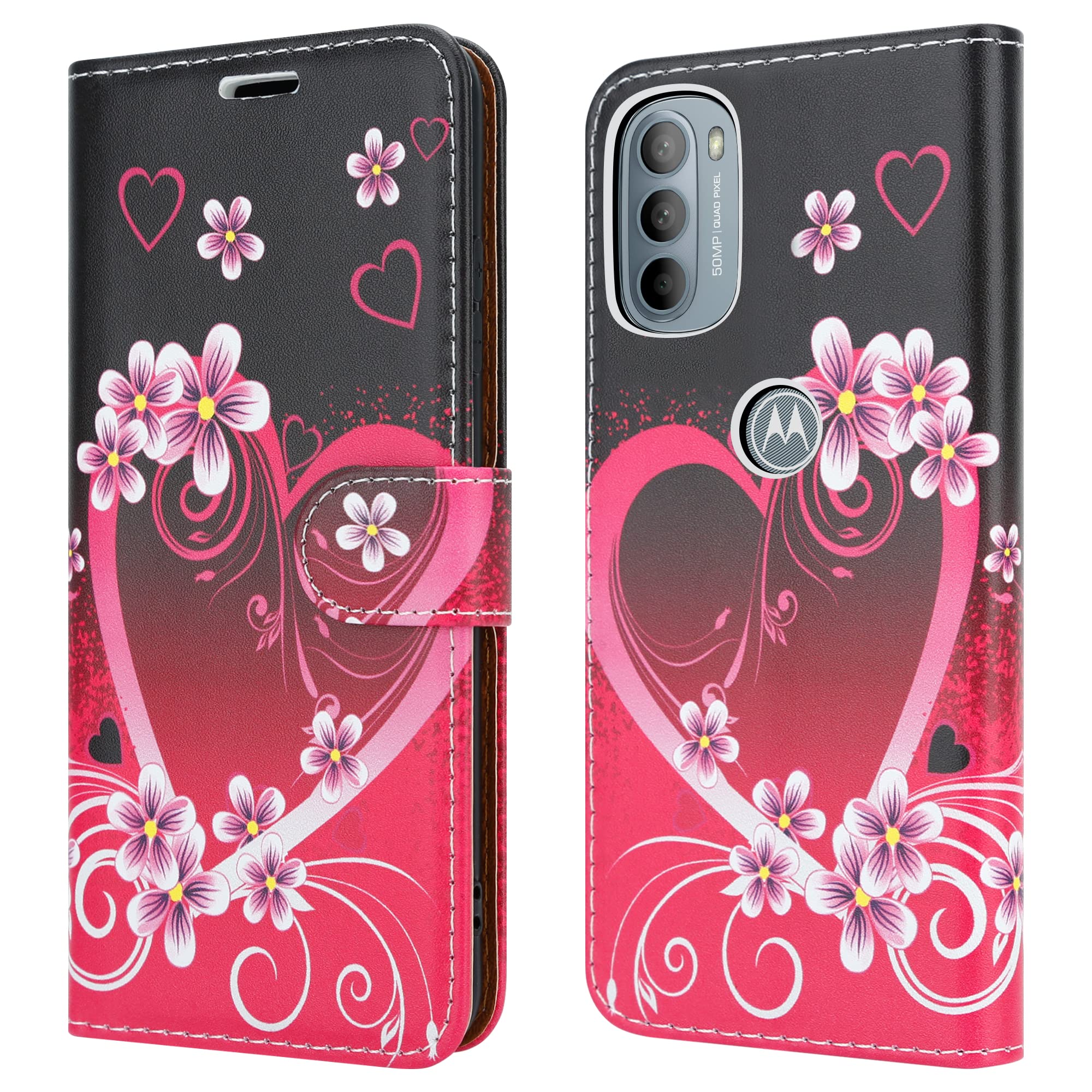 iPEAK Case For Motorola Moto G31 Case (6.4’’) Leather Flip Magnetic Closure Folio Pattern Design Book Kickstand Card Wallet Cover Full Protection for Moto G31 Phone (Pink Heart)