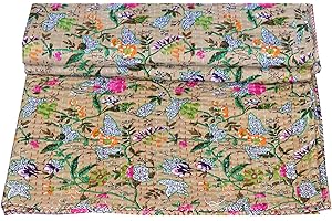 The Harry Creations 100% Cotton Indian Quilt Bed Cover Cover Bed Kantha Art Crafted Paradise Print Handmade Blanket Bedding Bedspread Bohemian Ethnic Quilt (Beige, California King 108" x 108")