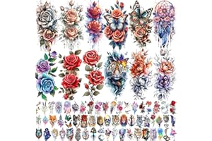 SHELYEXIEN 69 Sheets Watercolor 3D Rose Flowers Temporary Tattoos For Women Girls Adults, Realistic Peony Florals Fake Tattoo Stickers Dreamcatcher, Colorful Bulk Half Arm Sleeve Tattoo Butterfly Tiger