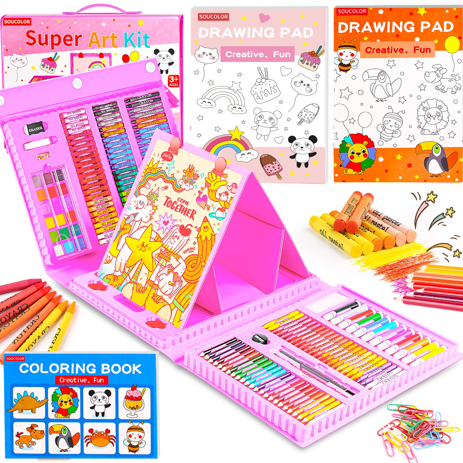 Soucolor Easter Gifts for Kids Teens Girls Boys Ages 4, 6, 8, 10, 12, 283 Pieces Drawing Set Art Kits with Trifold Easel, 2 Drawing Pads, 1 Kids Activity Coloring Book, Crayons, Pastels, Watercolor