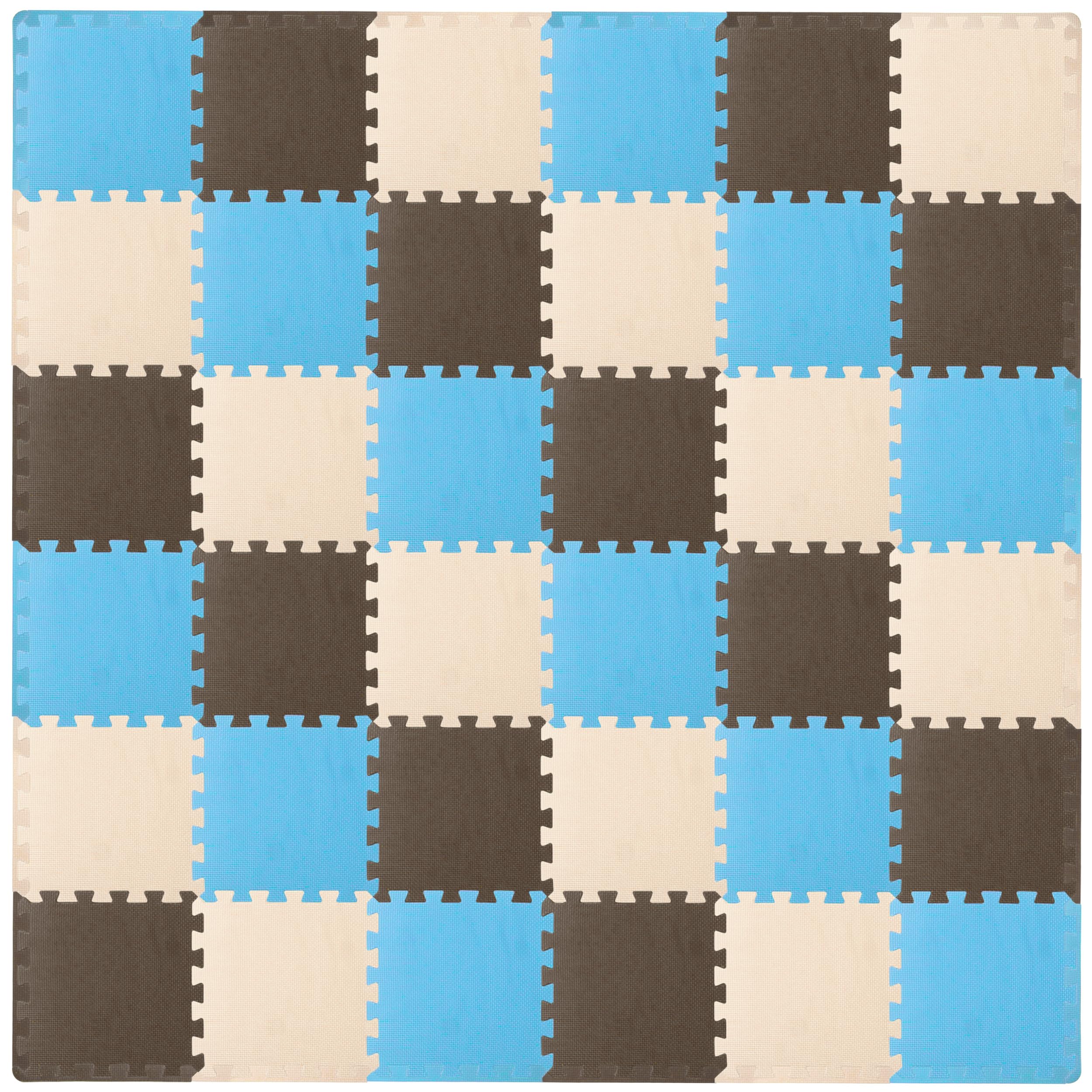 ProSource Foam Puzzle Floor Play Mat for Kids and Babies with Solid Colors, 36 or 16 Interlocking Tiles with Borders, Blue/Brown/Beige