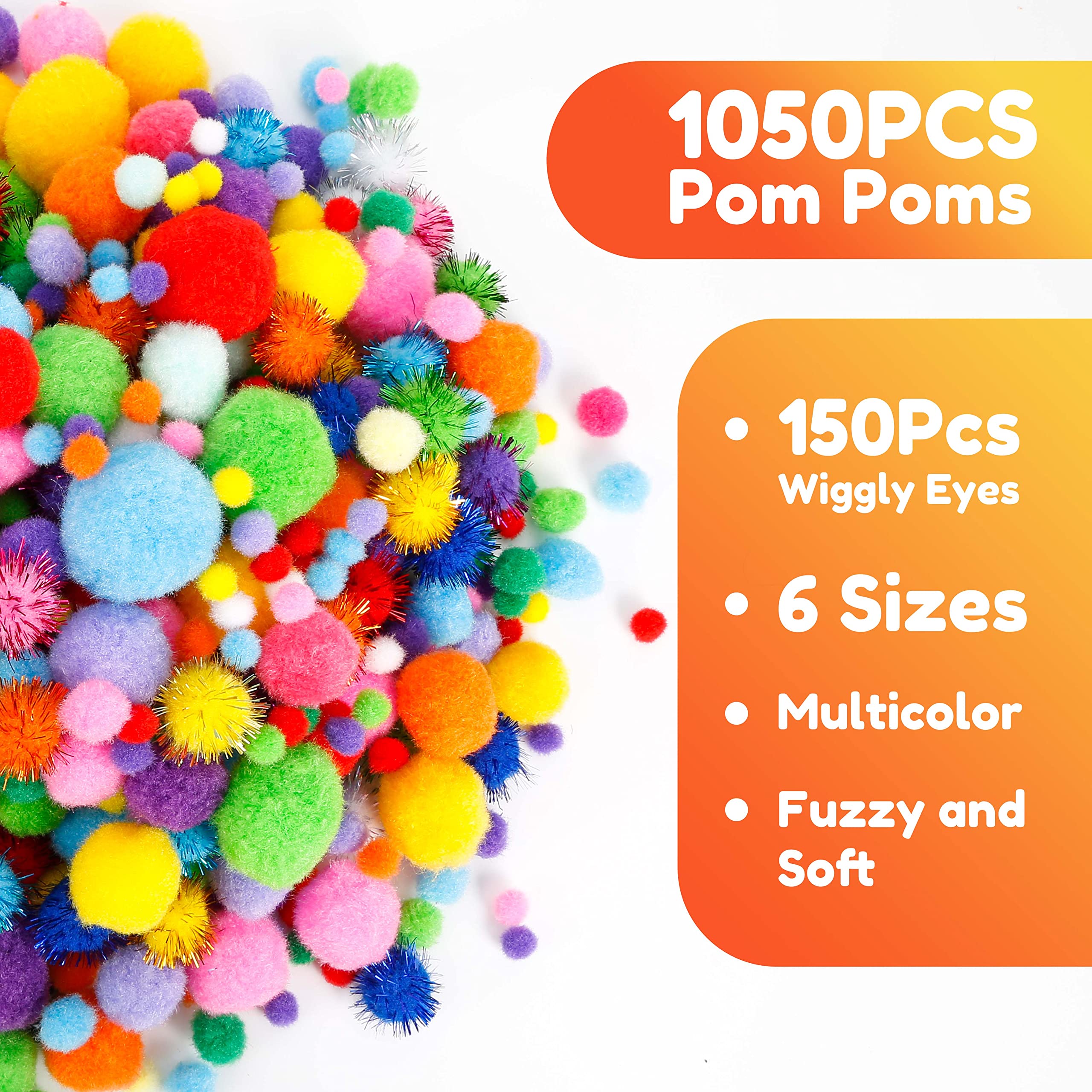 Caydo [1200PCS] 1050Pcs Multicolor Pom Poms, Assorted Sizes & Colors Craft Pompom Balls with 150pcs Wiggly Eyes for Kids Arts and Craft Projects and Decorations