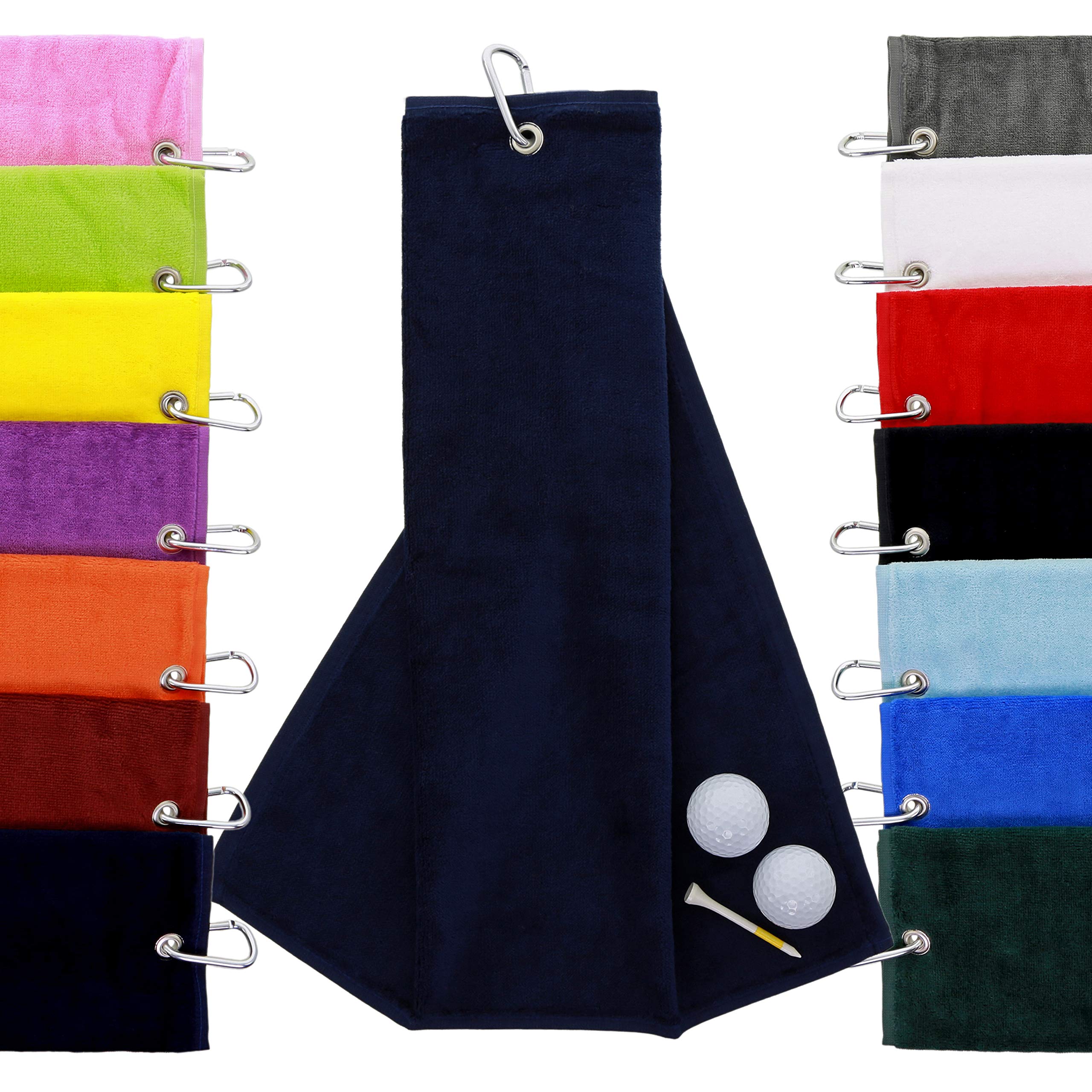 aztex Tri-Fold Golf Towel with Carabiner Clip, Cotton Velour, 590gsm, Navy Blue