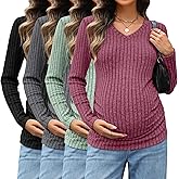 Sweetyweee 4 Pack Maternity Shirts V Neck Long Sleeve Pregnancy Clothes Ribbed Fit Women's Sweaters Winter Mama's Thermal Top
