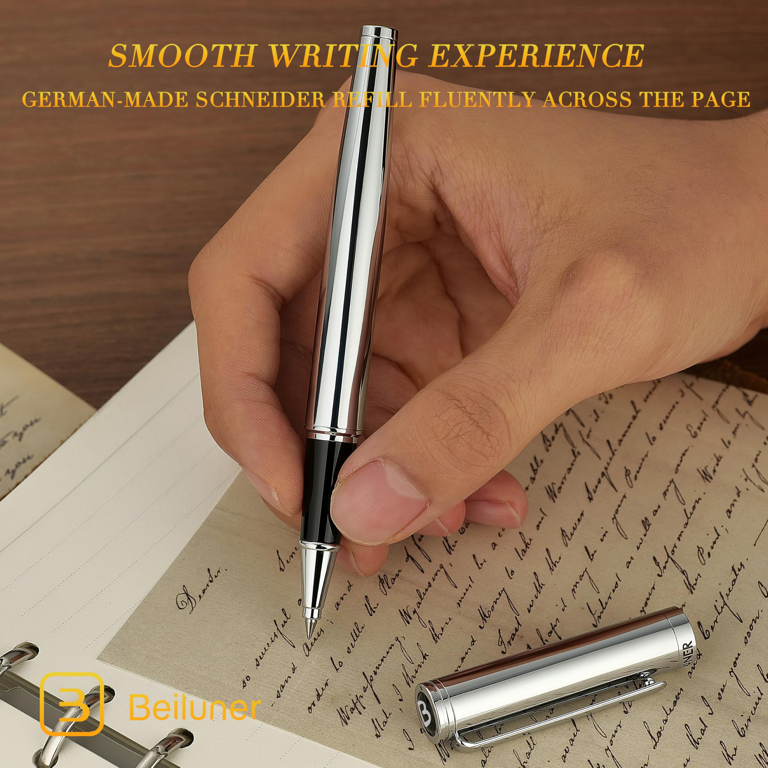 BEILUNER Hochwertiger Tintenroller mit Echtvergoldung - Professioneller Kugelschreiber mit schwarzer Schneider 850 Mine - Geschenkbox - Luxus Schreibgerät für Business & Geschenkanlässe(Blau) 7