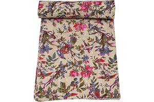 Marubhumi Indian Handmade Stitched Pure Cotton Bohemian Bird Print Kantha Quilt (Beige, Queen (90"x 108"))