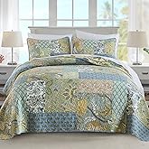 NEWLAKE Quilt Set California King Size, 100% Cotton Patchwork Green Bohemian Quilt Sets, Reversible Bedspread Lightweight and Breathable for All Seasons, Soft Quilted Bedspread with 2 Pillow Shams