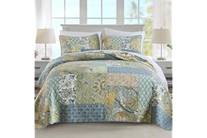 NEWLAKE Quilt Set Queen Size, 100% Cotton Patchwork Green Bohemian Quilt Sets, Reversible Bedspread Lightweight and Breathable for All Seasons, Soft Quilted Bedspread with 2 Pillow Shams