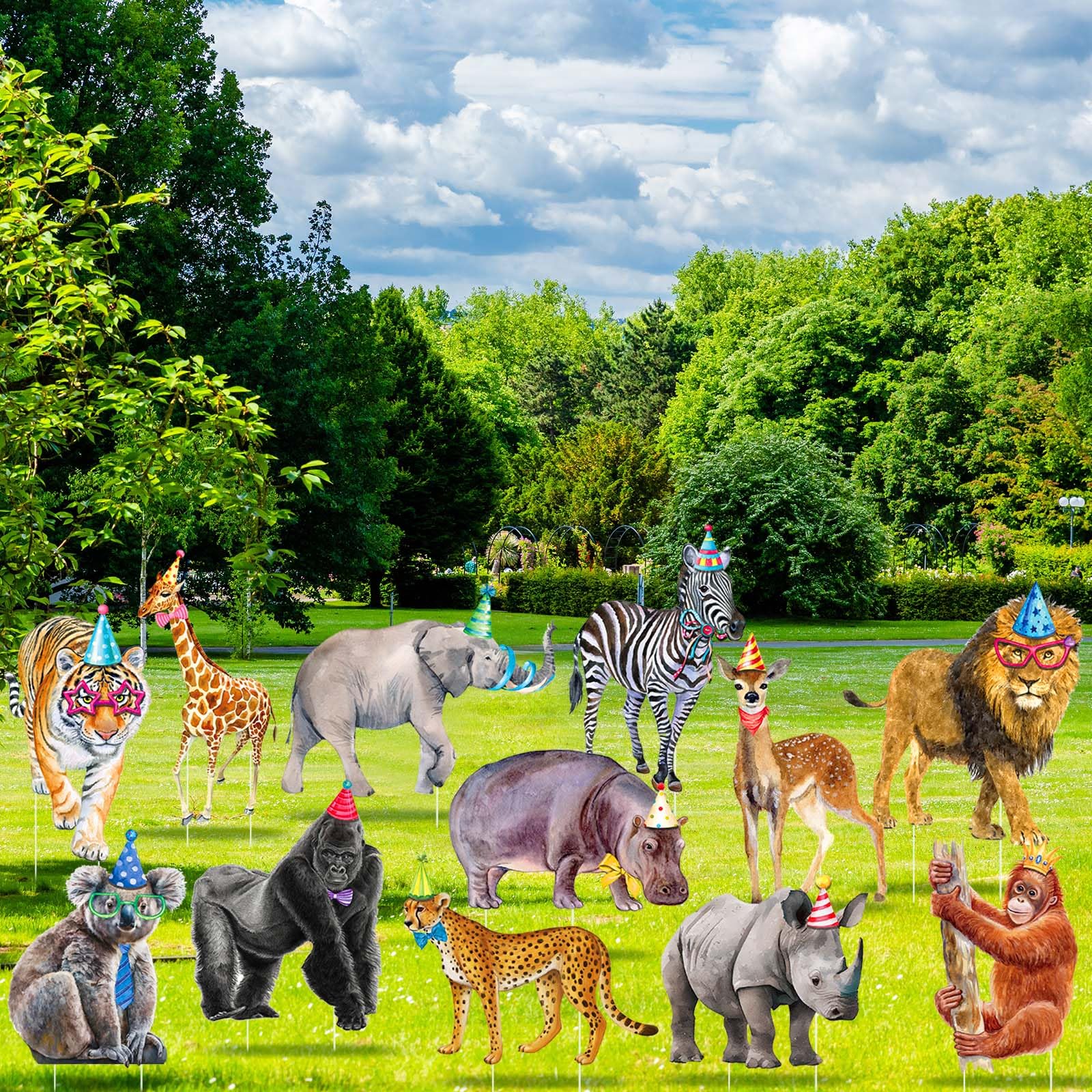 Photo 1 of Nuanchu 12 Pcs Safari Jungle Animal Decorations Outdoor Wild Animals Yard Signs Waterproof Woodland Zebra Lion Tiger Lawn Stakes for Outside Zoo Home Garden Baby Shower Birthday Party Decor (Birthday)