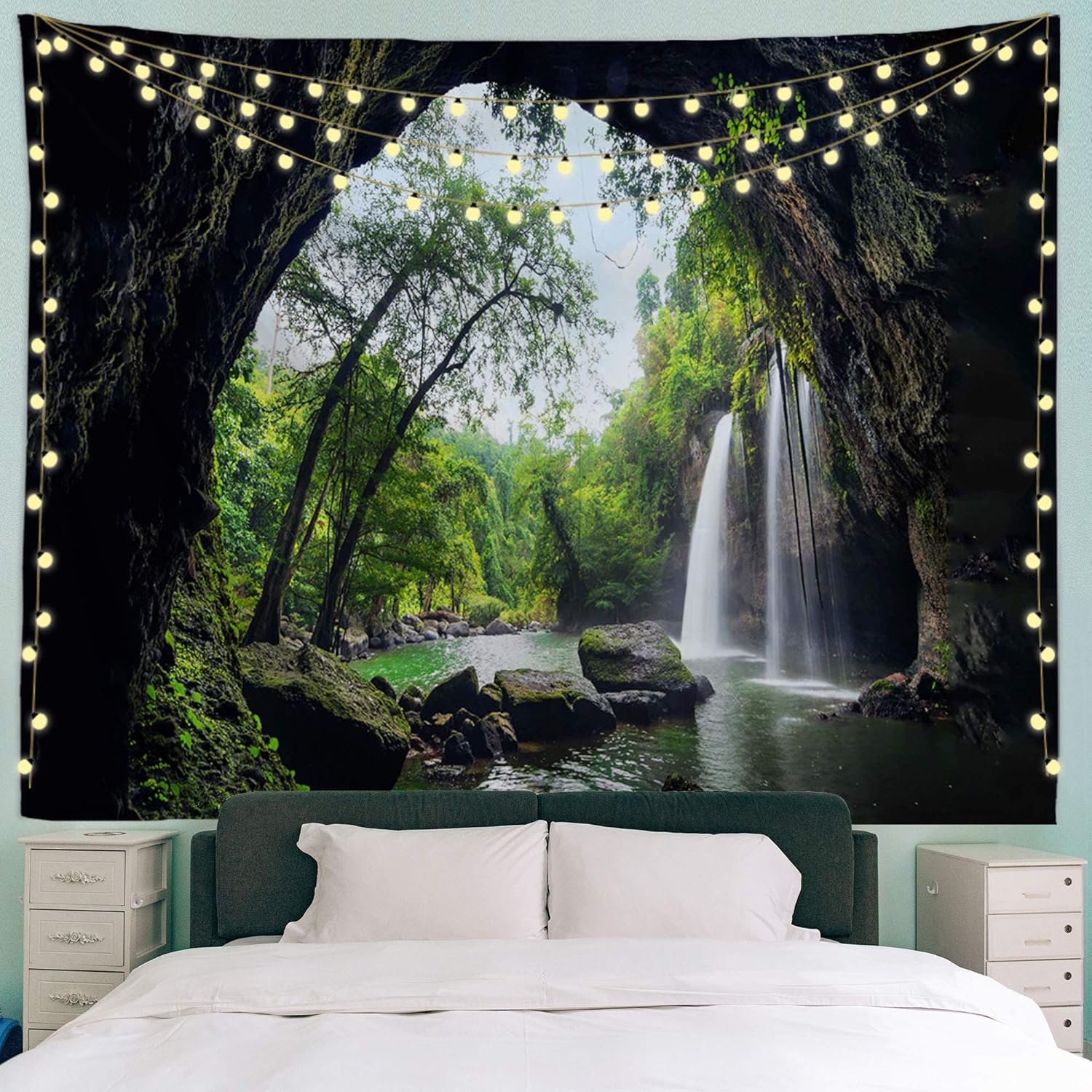 Tapestries - PROCIDA Mountain Cave Tapestry Waterfall Wall Hanging Forest Nature Landscape Wall Tapestry for Bedroom Living Room College Home Decorations with Nails, 90