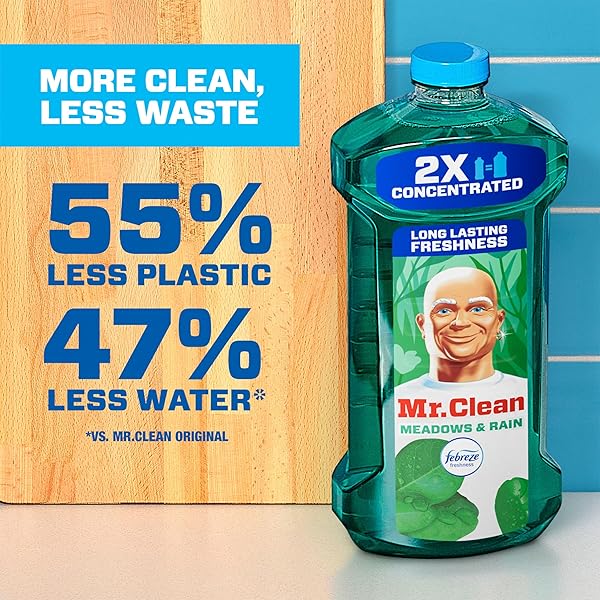 MR. CLEAN ALL PURPOSE CLEANER, FLOOR CLEANER FOR MOPPING HOME, BATHROOM, & KITCHEN, CLEANING LIQUID FOR MOP & BUCKET, CLEANING SUPPLIES, MULTI-SURFACE DILUTABLE, MEADOWS & RAIN, 41OZ