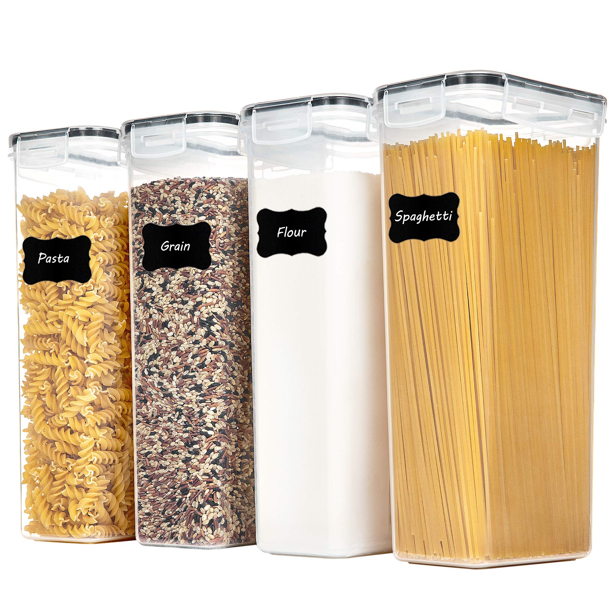 Photo 1 of Vtopmart Airtight Food Storage Containers with Lids, 4 PCS 2.8L Pasta Containers for Pantry Organization and Storage, BPA Free Kitchen Canisters for Spaghetti, Flour, Sugar and Noodles, Black