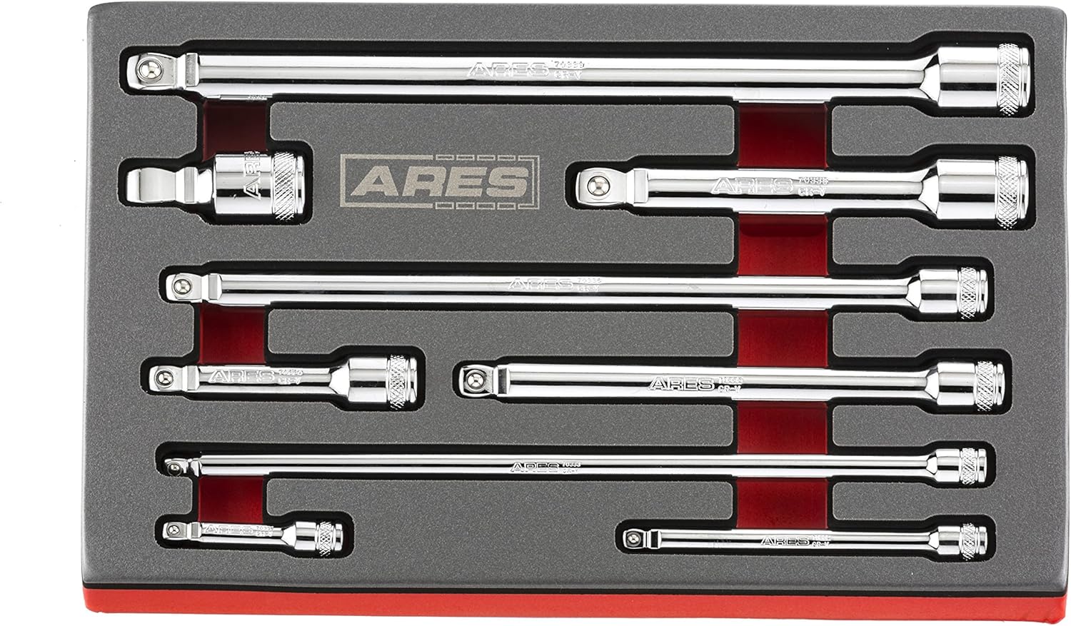 ARES 70330-9-Piece Wobble Extension Set - Premium Chrome Vanadium Steel Construction - 1/4-inch, 3/8-inch and 1/2-inch Drive Sizes Included - Storage Tray Included - - 