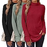 Ficerd 3 Pack Women's Turtleneck Long Sleeve Tunic Sweater Thumbhole, Ribbed Raglan Curved Hem Knit Shirts Loose Fall Winter