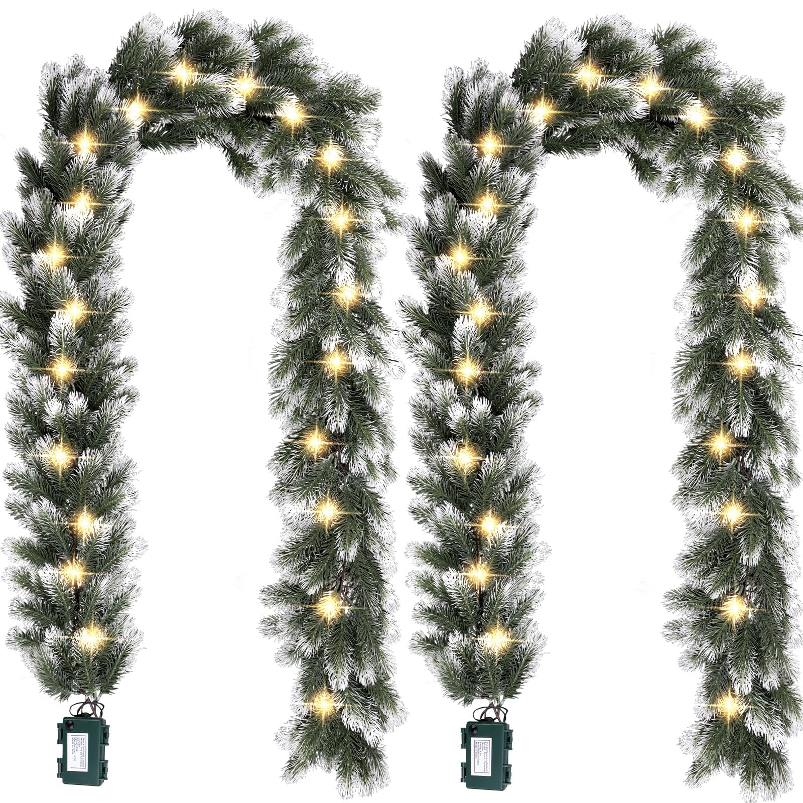 Photo 1 of 2 Pack Pre Snow Flocked Christmas Garland 6 ft Artificial Christmas Garland with Warm White 30 LED Light and Timer Frosted Faux Pine Winter Garland for Home Indoor Outdoor Mantel Seasonal Decor