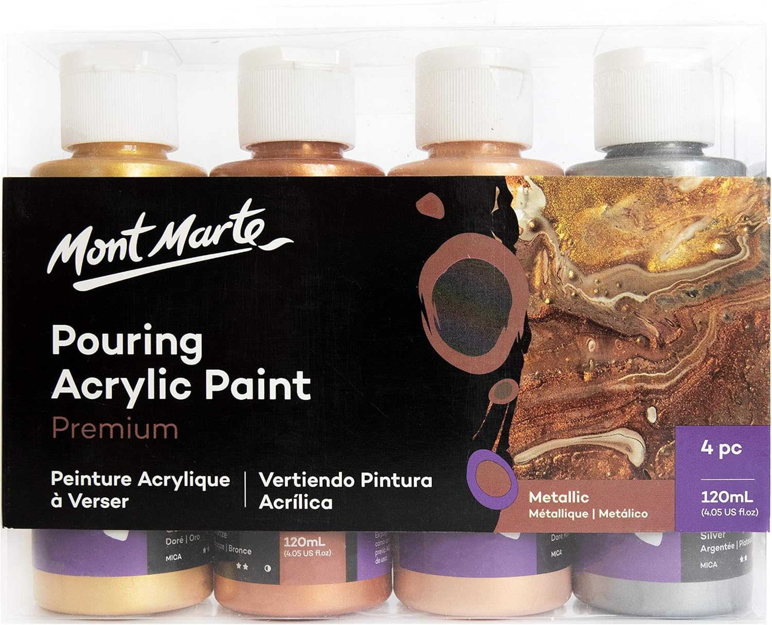 Mont Marte Acrylic Pouring Paint Set Metallic 4 Pieces x 120ml Acrylic Pouring Premium