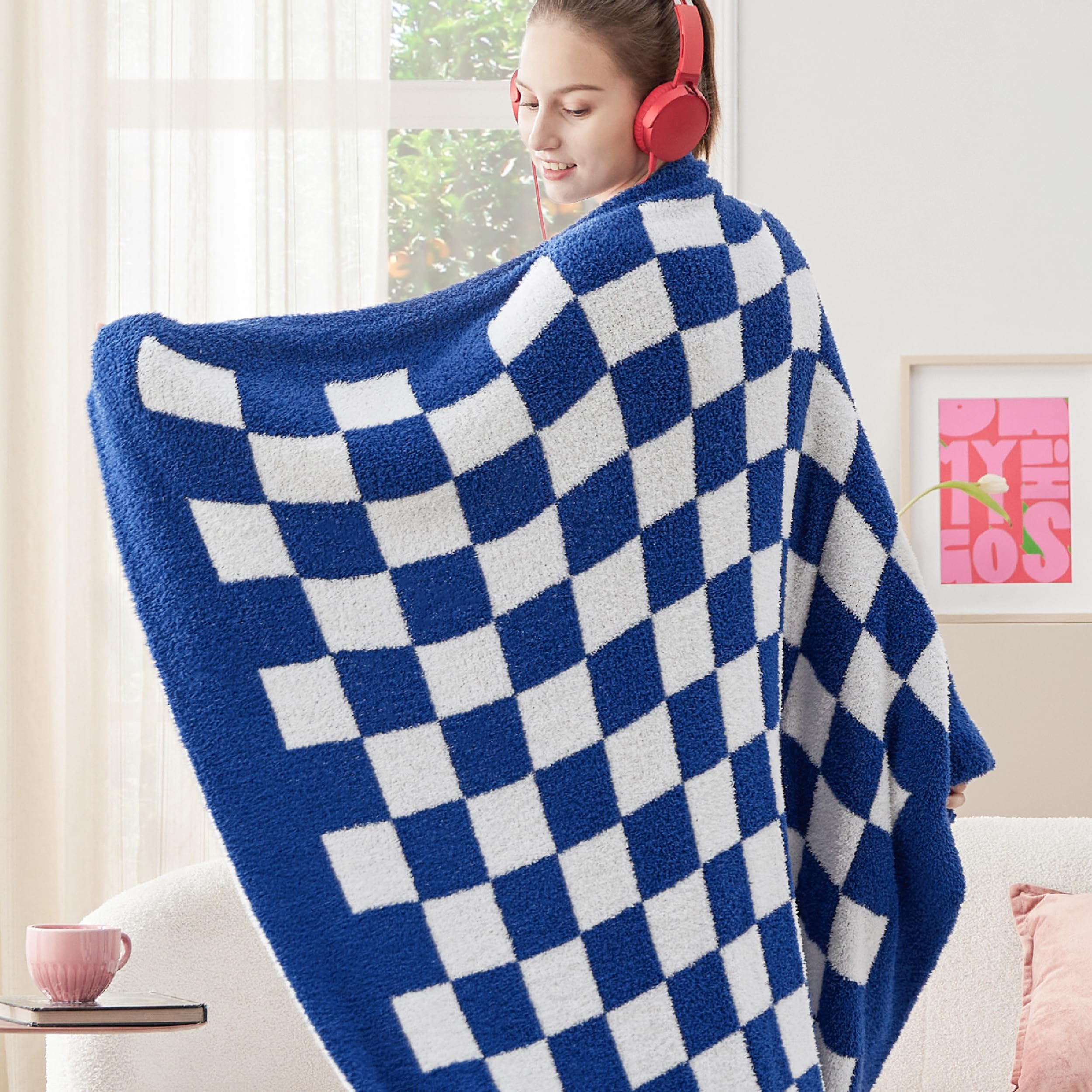 Bedsure Gentlesoft Checkered Twin Blanket for Couch - Soft Cozy & Warm Knit Navy Blue Throw Blanket, Breathable, Lightweight & Fluffy Plaid Blankets for Bed & Sofa, Gifts for Women Men, 60x80 Inches