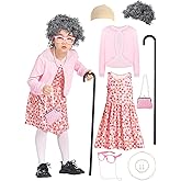WATCPNO Old Lady Costume Kit 100th Day of School Little Girls with Nightgown Wig Cane & Other Halloween Cosplay