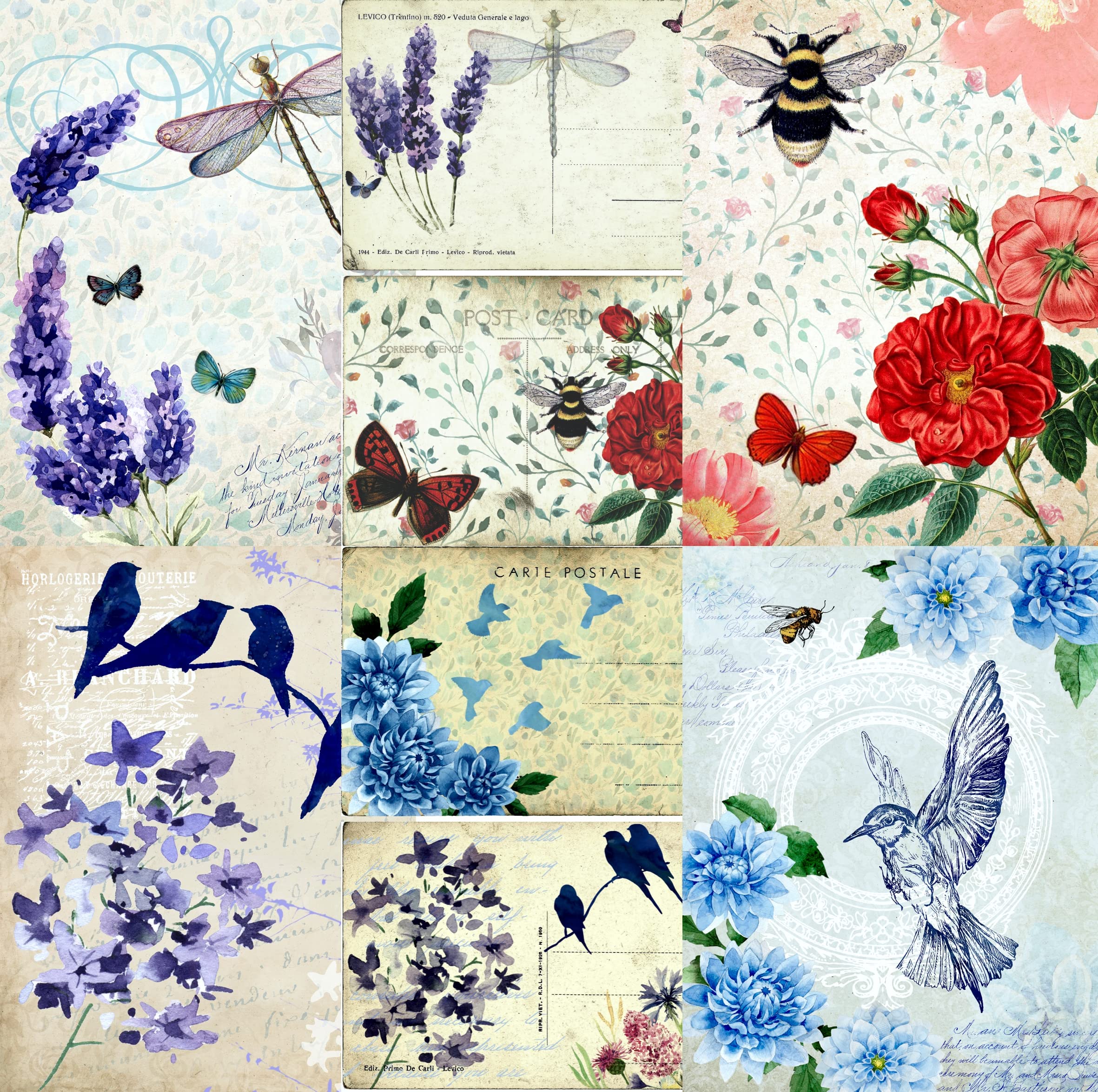Bees & Birds Mulberry Rice Paper, 20.5 x 26.5cm - 6 x Different Printed Mulberry Paper Images 30gsm Visible Fibres for Decoupage Crafts Mixed Media Collage Art
