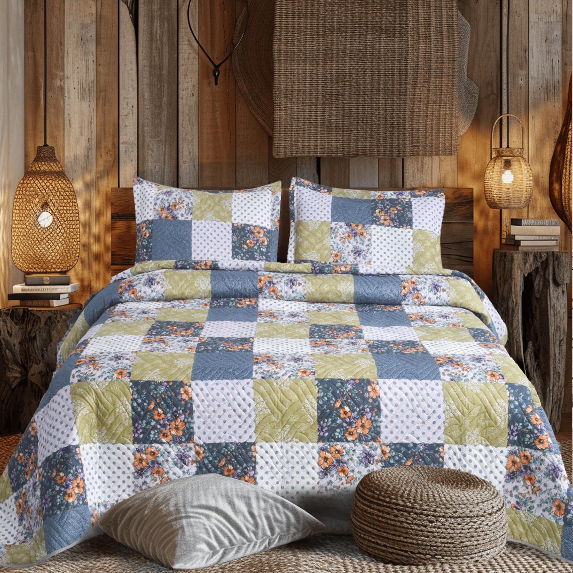 Hadi London 3Pcs Patchwork Quilted Bedspreads with 2 Shams | Reversible Floral Print | Lightweight Quilt Comfort | Fits Double and King Size Beds 220x240cm | 30 Unique Designs (MILAN-107)