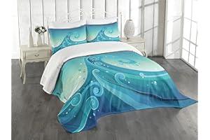 Lunarable Tidal Wave Bedspread, Foamy Ocean Waves Nautical Sea Theme Pattern, Decorative Quilted 3 Piece Coverlet Set with 2 Pillow Shams, Queen Size, Blue Seafoam