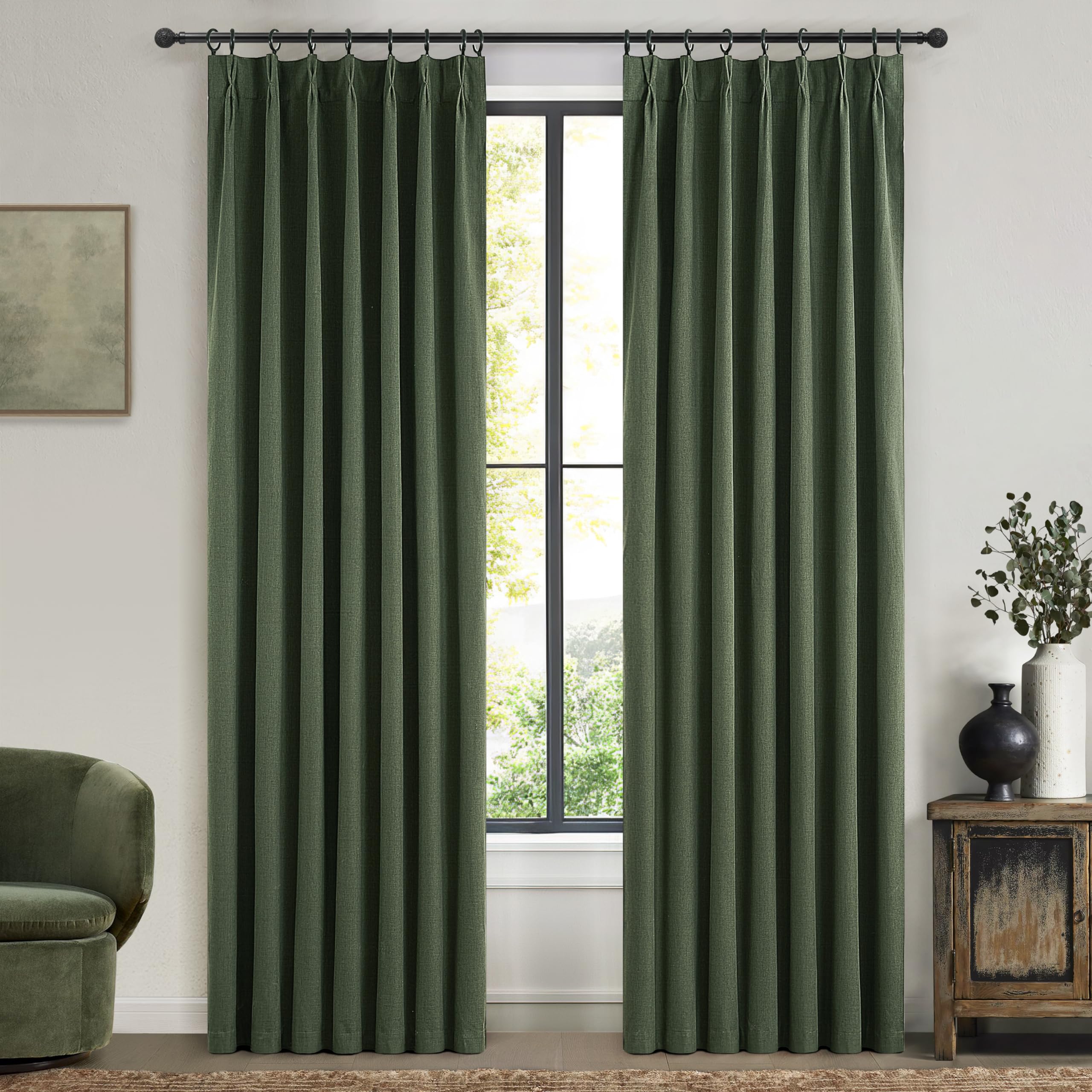 Photo 1 of Loden Spring Living Room Curtains Linen 90 Inches Long Pinch Pleated Traverse Window Curtains Complete Blackout Heat & Cold Blocking for Sliding Glass Dark Olive Green Drapes (40"wx90"Lx2 Panels)