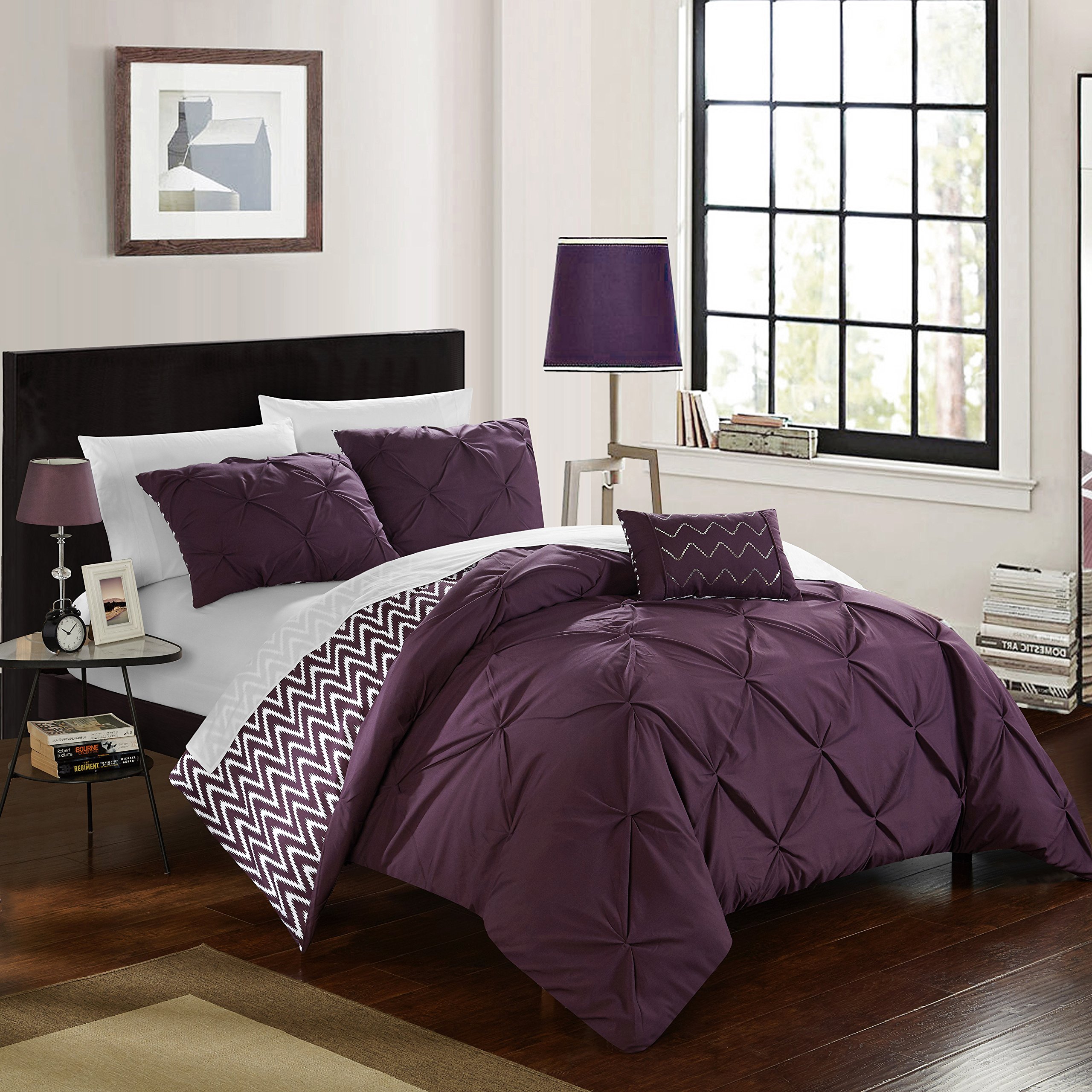 Chic Home Jacky 4 Piece Reversible Comforter Bag Pinch Pleat Ruffled Design Geometric Chevron Pattern Bedding Set-Decorative Pillow Shams Included, Full/Queen, Purple