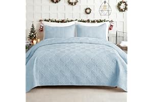 Whale Flotilla Elegant Extra Soft Quilts Queen Size, 3-Piece Lightweight Modern Geometric Full Queen Quilt Bedding Set Bedspread Coverlet for All Seasons, Light Blue