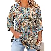 LOMON Plus Size Women Blouses 3/4 Length Sleeve Tops Crewneck Pleated Casual Tees Shirts 1X-5X