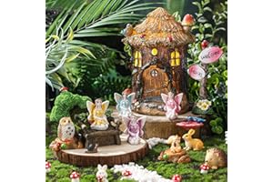 Leyndo 28 Pcs Solar House Garden Accessories Fairy Light up Fairy Figures Garden Kit Resin Miniature Mushroom House Figures Micro Landscape Ornaments(Retro)