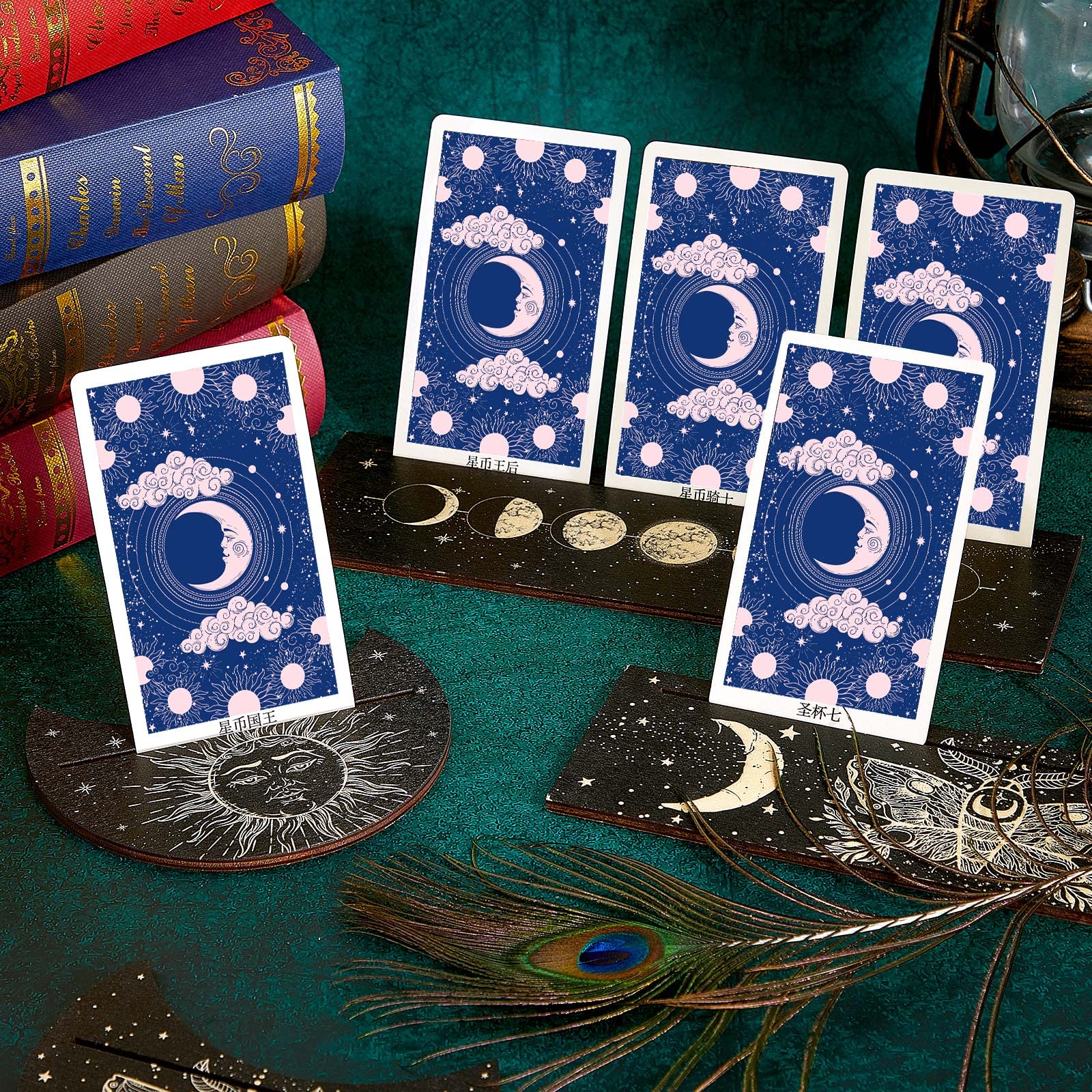 Queekay 4 Pieces Wooden Tarot Card Stand Holder Moon Phase Tarot Card Altar Stand Sun Moth Pattern Rectangle Moon Shape Wooden Display Holder Oracle Witch Divination Tools