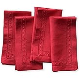 Linen Napkins Set of 4-100% Pure Linen Red Embroidered Dinner Napkins - Hemstitch Cloth Napkins Washable for Christmas and Winter Decor