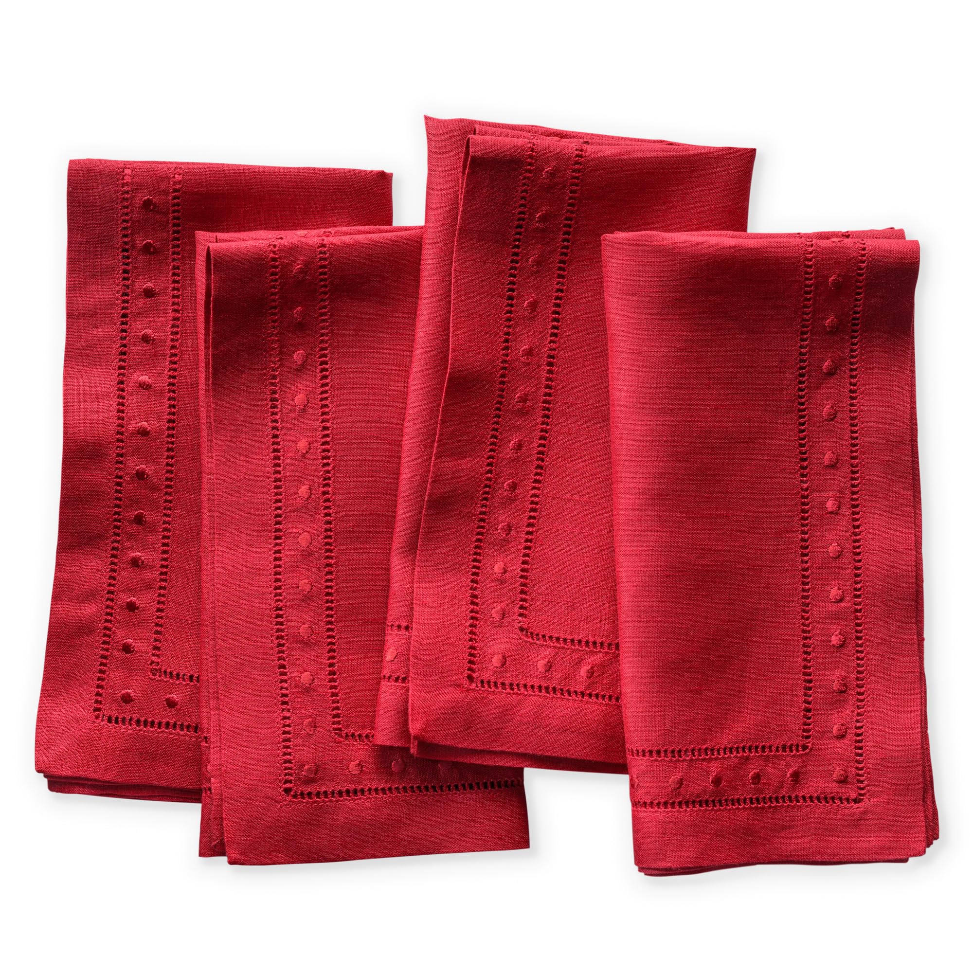 O'lucio Linen Napkins - Red 45 x 45 cm, Set of 4 Hemstitched Dinner Napkins Cloth with Embroidered Swiss Dot - Machine Washable, French Flax Natural Fabric