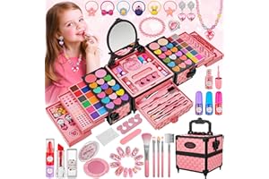 Kids Makeup Kit 99 Pcs Princess Toys Real Washable Cosmetic Set with Mirror Hair Ties Nail Rings Earrings Necklace Perfect fo