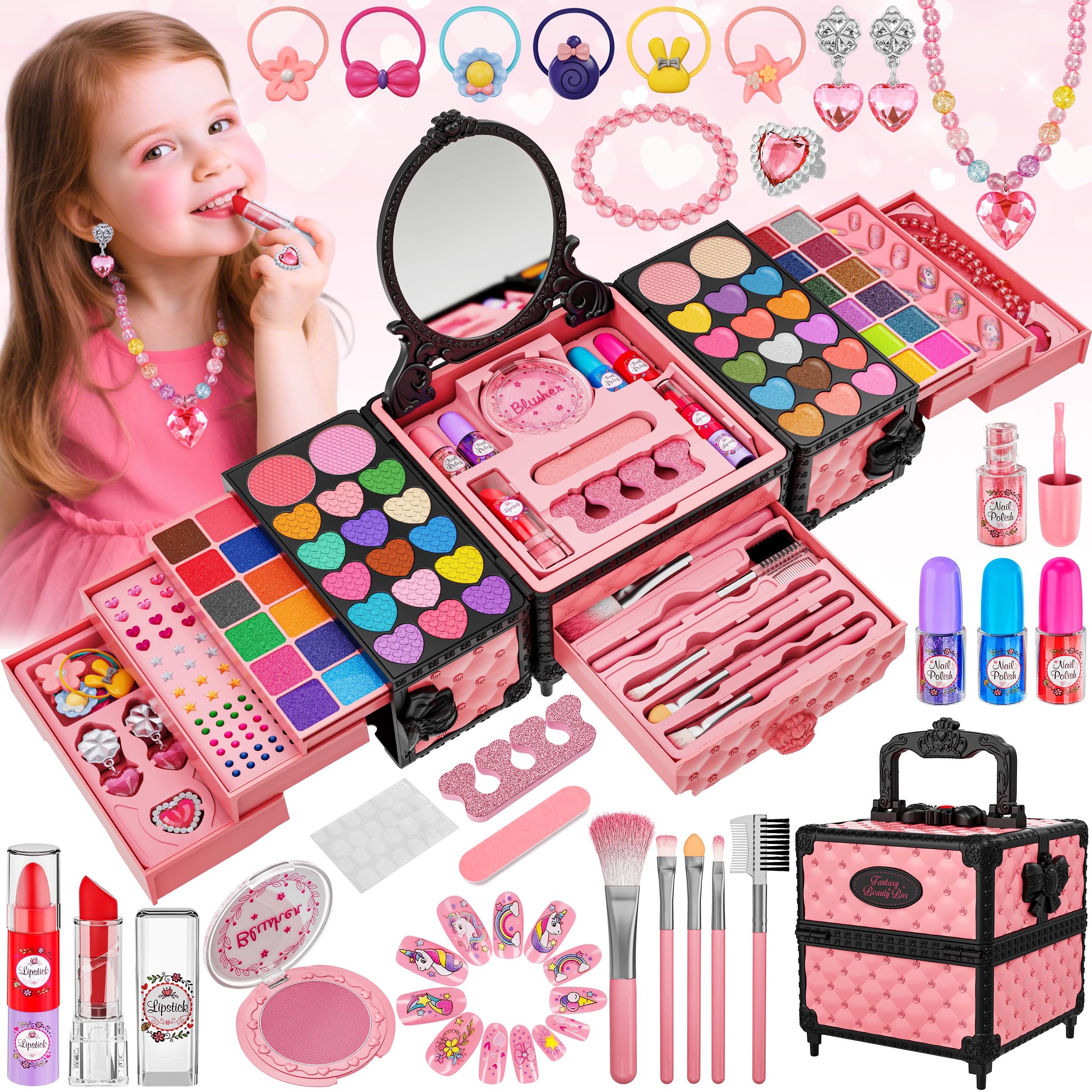 Photo 1 of 99 Pcs Kids Makeup Kit for Girls, Princess Toys Real Washable Cosmetics Set with Mirror, Hair Ties, Nails, Rings, Earrings, Necklace, Perfect for 3 4 5 6 7 8 Year Old Girls Birthday