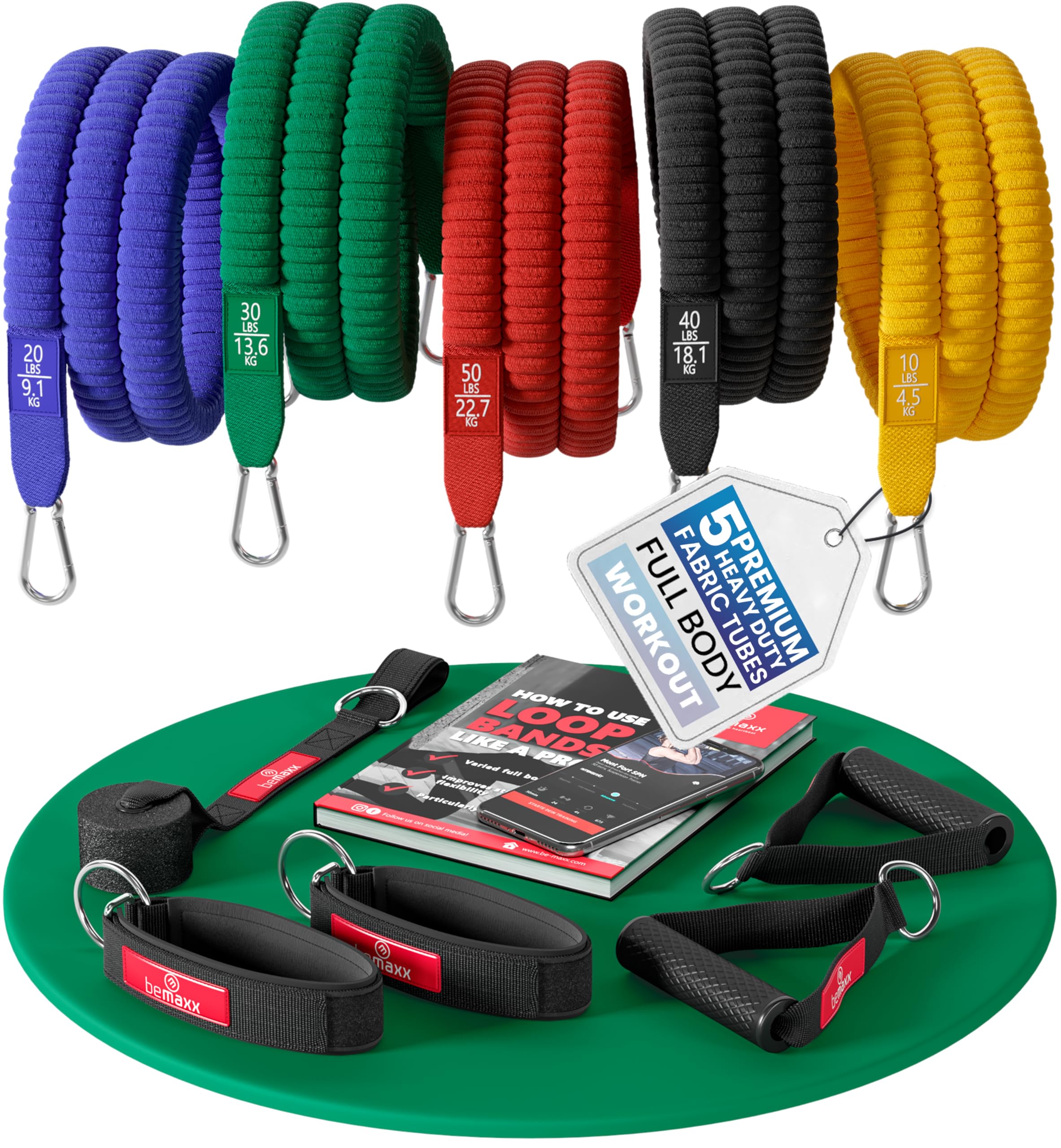 Resistance Bands Set with Handles, Door Anchor, Ankle Straps + Exercise Ebook, 5 Long Fabric Tubes Premium Heavy Duty Expander Cords, Full Body Butt Leg Fitness Workout Women Powerlifting Training Men