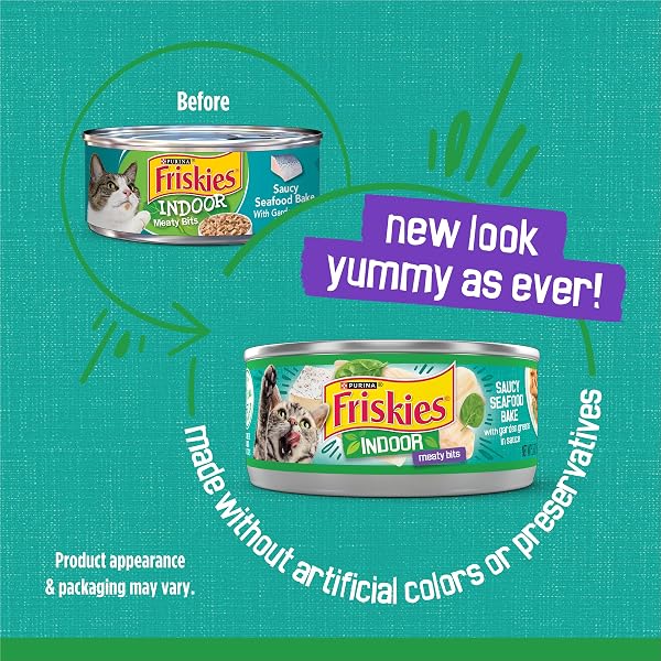 PURINA FRISKIES INDOOR CAT FOOD MEATY BITS SAUCY SEAFOOD BAKE WITH GARDEN GREENS IN SAUCE – (PACK OF 24) 5.5 OZ. CANS